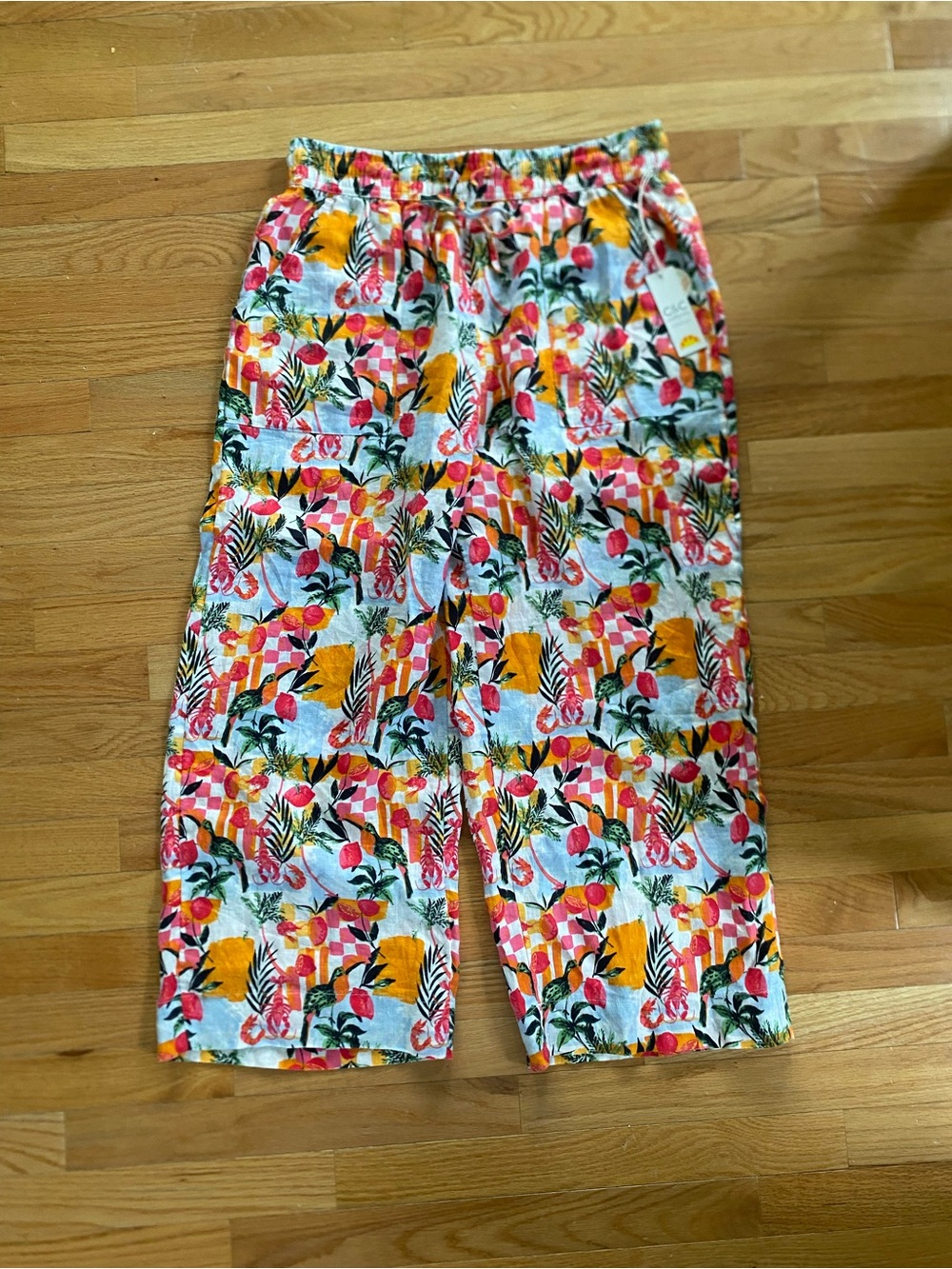 C&C California Pink, Yellow & Green Tropical Print Linen Pants 100% Linen